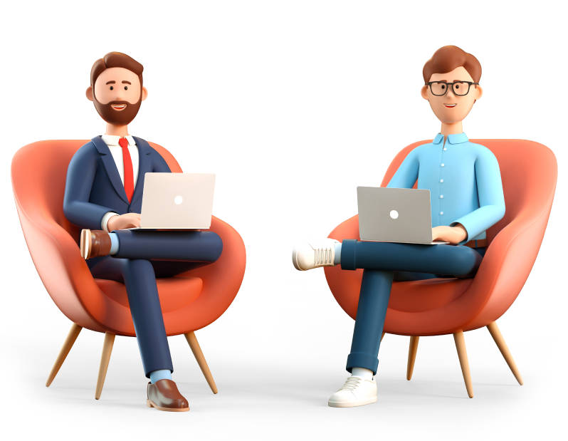 Cartoon people in chairs with laptops